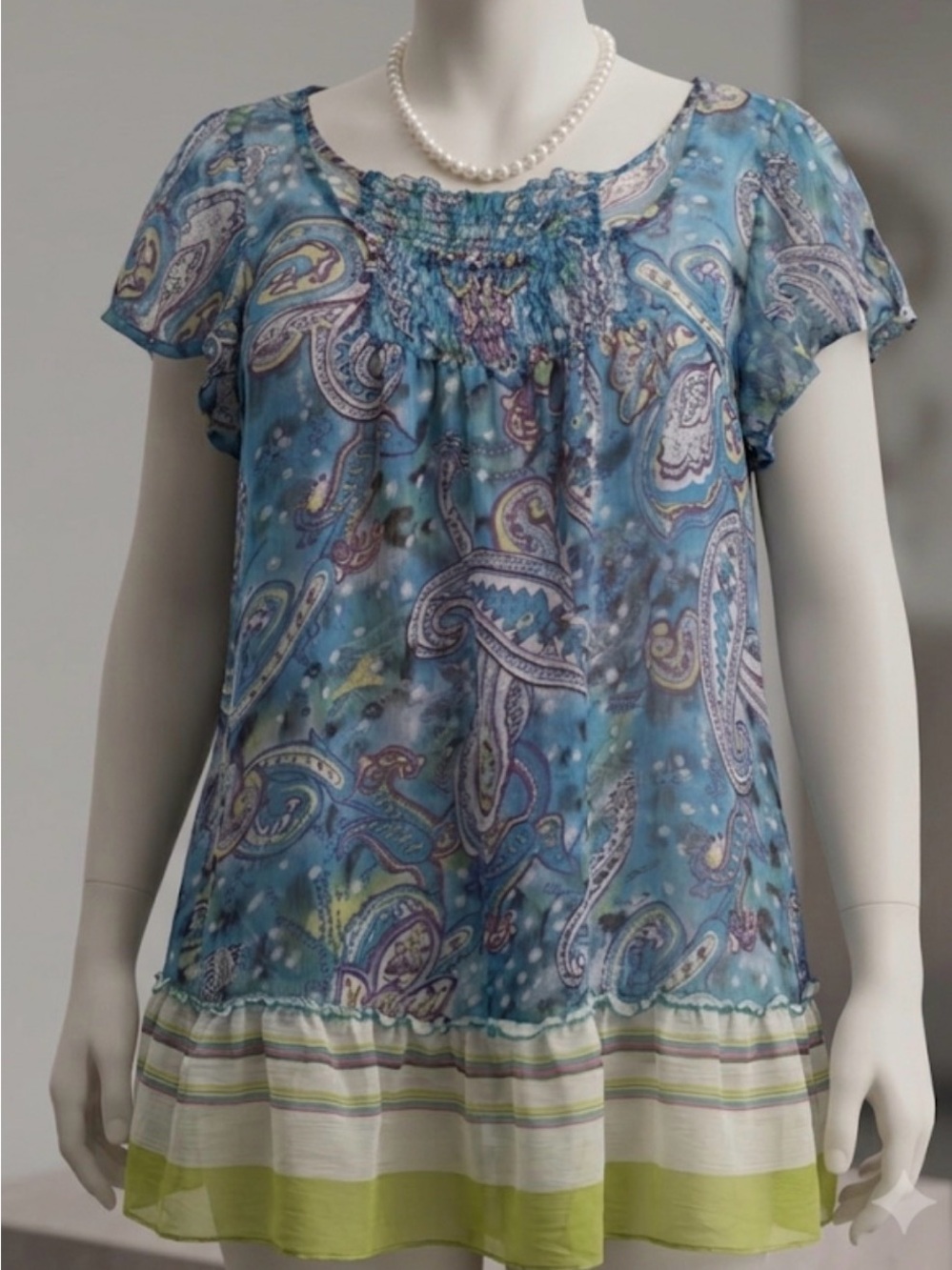 Derek Heart Plus Size 2X Paisley Smocked Peasant Blouse Sheer Boho Top Blue